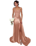 Lace Satin Prom Dresses for Women 2026 Long Mermaid Spaghetti Straps Corset Formal Evening Party Dress with Slit