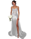 Lace Satin Prom Dresses for Women 2026 Long Mermaid Spaghetti Straps Corset Formal Evening Party Dress with Slit
