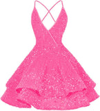 Vestidos de fiesta cortos con lentejuelas brillantes para adolescentes, sexy, con tirantes finos, vestido de fiesta, vestido de cóctel con cuello halter 