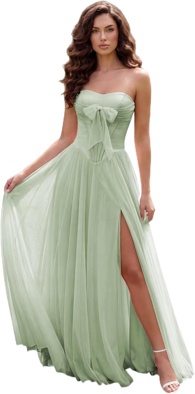 Strapless Chiffon Bow Prom Dresses 2026 Corset Chiffon Pleated A Line Formal Dress
