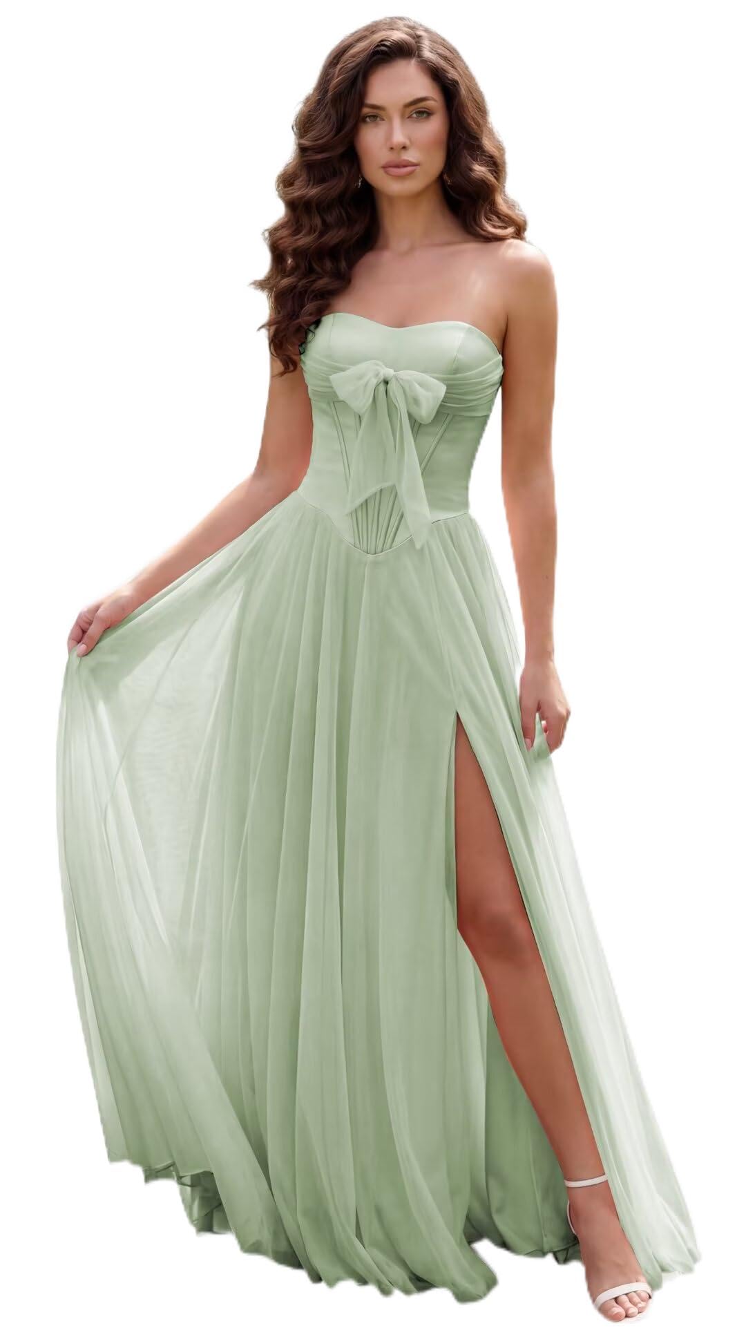 Strapless Chiffon Bow Prom Dresses 2026 Corset Chiffon Pleated A Line Formal Dress