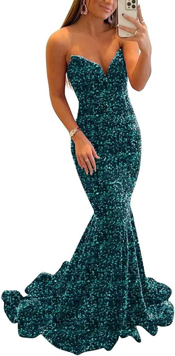Women's Strapless Sequin Prom Dresses with Train Criss-Cross Mermaid Long Formal Evening Gowns