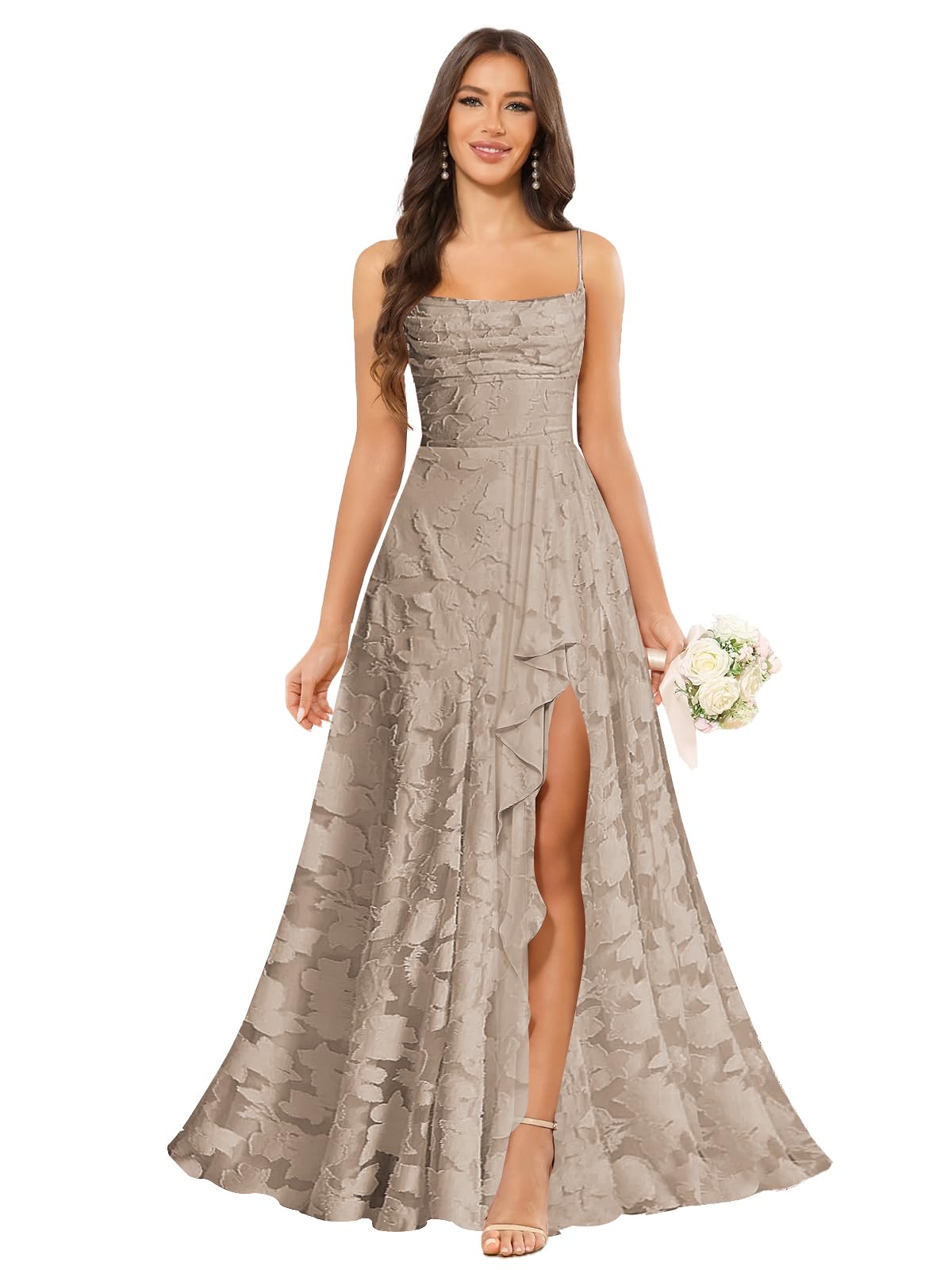 Women’s Ruffled Bridesmaid Dresses Scoop Neck Floral Chiffon Formal Dress Wrap Pleated Wedding Guest Dress
