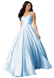 Spaghetti Straps Satin Prom Dresses for Women Long with Pockets Pleated Formal Evening Gowns