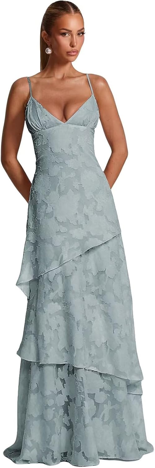 Spaghetti Strap Floral Bridesmaid Dresses for Women Tiered Ruffle A-Line Long Formal Prom Dress