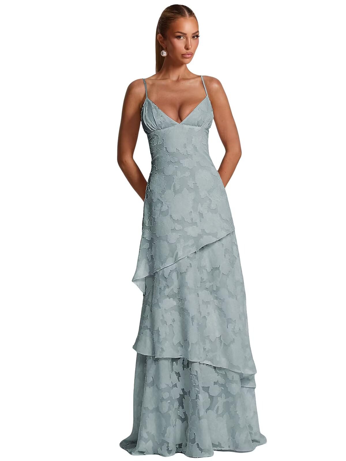 Spaghetti Strap Floral Bridesmaid Dresses for Women Tiered Ruffle A-Line Long Formal Prom Dress