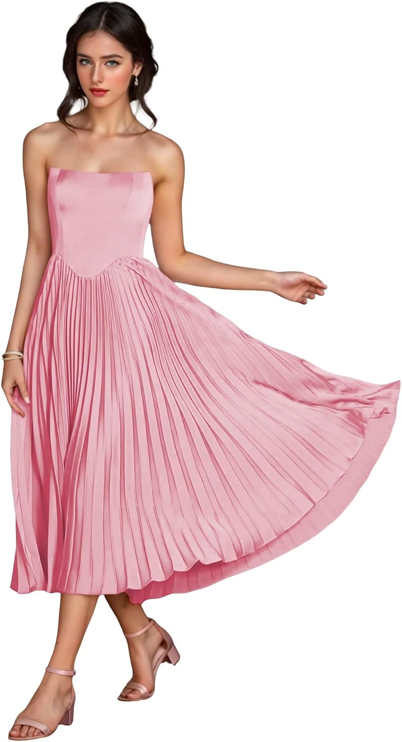 Women's Strapless Bridesmaid Dresses for Womens Tea Length Ruffle Satin Formal Prom Dress