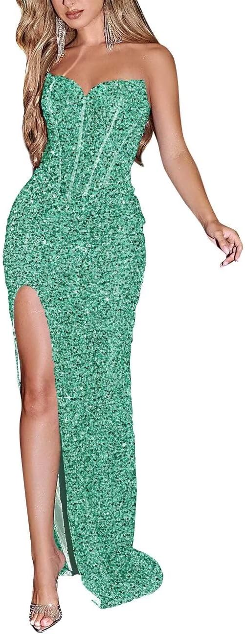 Sparkly Sequin Prom Dresses for Women 2025 Long Mermaid Strapless Glitter Formal Evening Prom Ball Gown with Slit