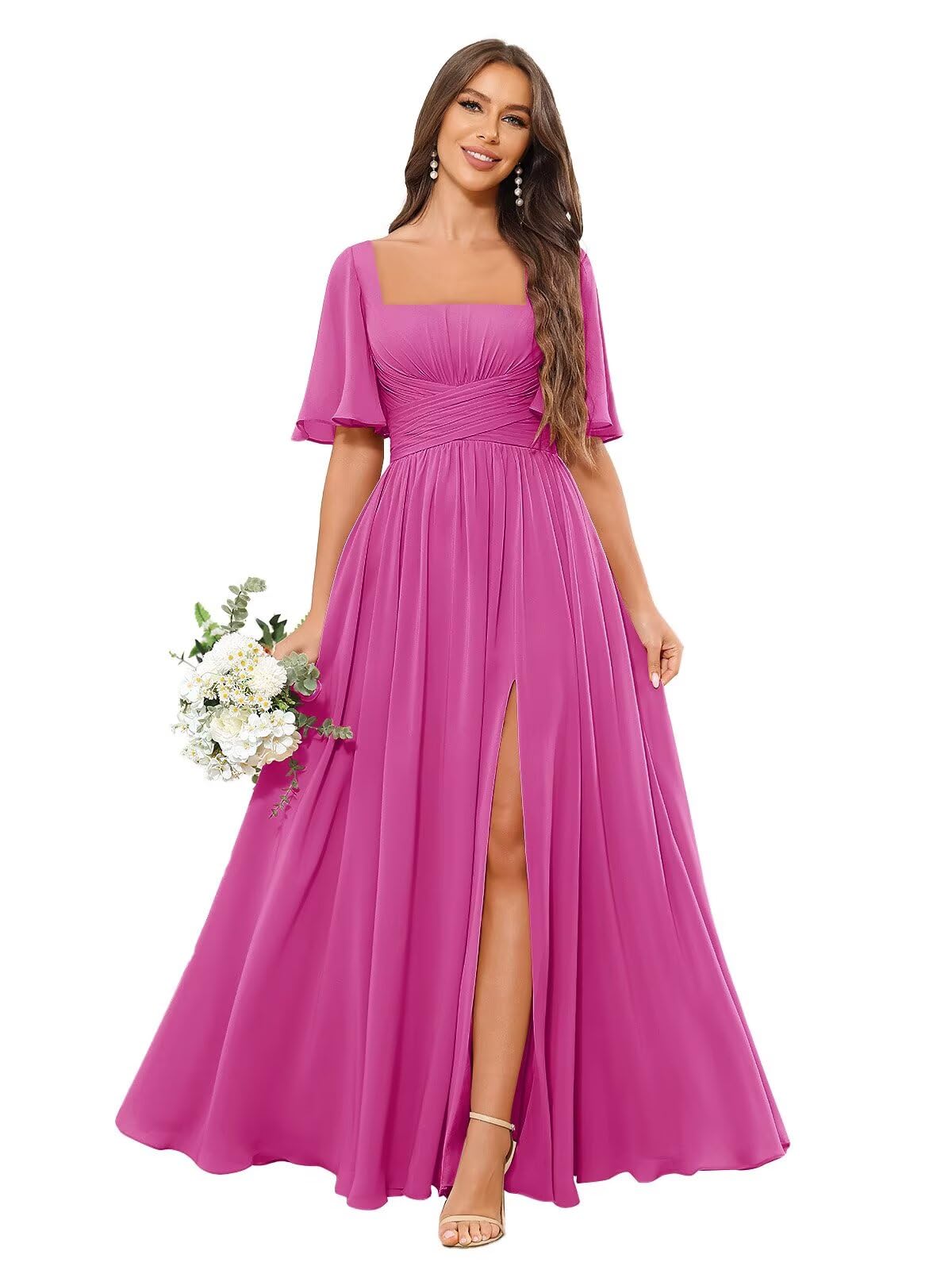 Square Neck Bridesmaid Dresses with Slit Pockets Flutter Sleeve Long Chiffon Formal Wedding Guest Dress
