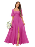 Square Neck Bridesmaid Dresses with Slit Pockets Flutter Sleeve Long Chiffon Formal Wedding Guest Dress