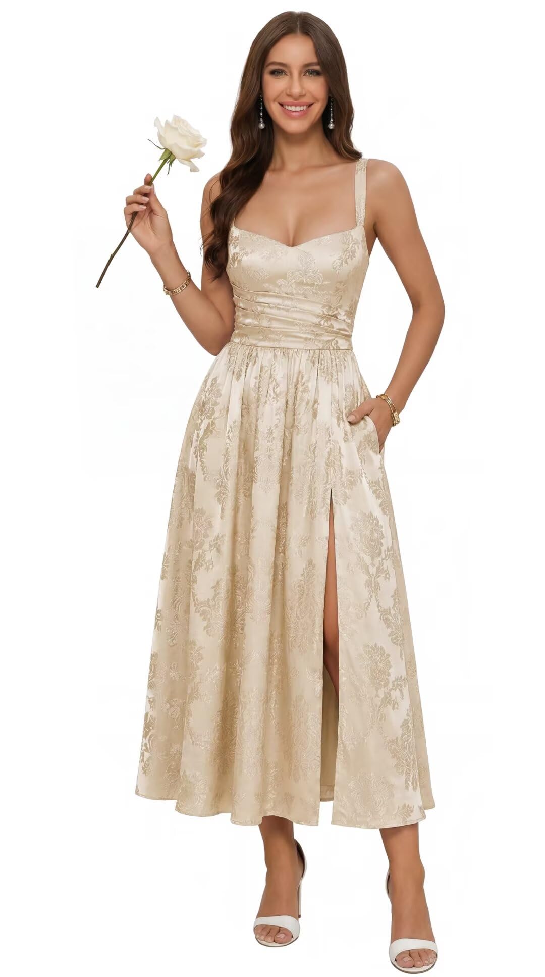 Jacquard Satin Bridesmaid Dresses for Women Spaghetti Straps A Line Tea Length Formal Evening Dress