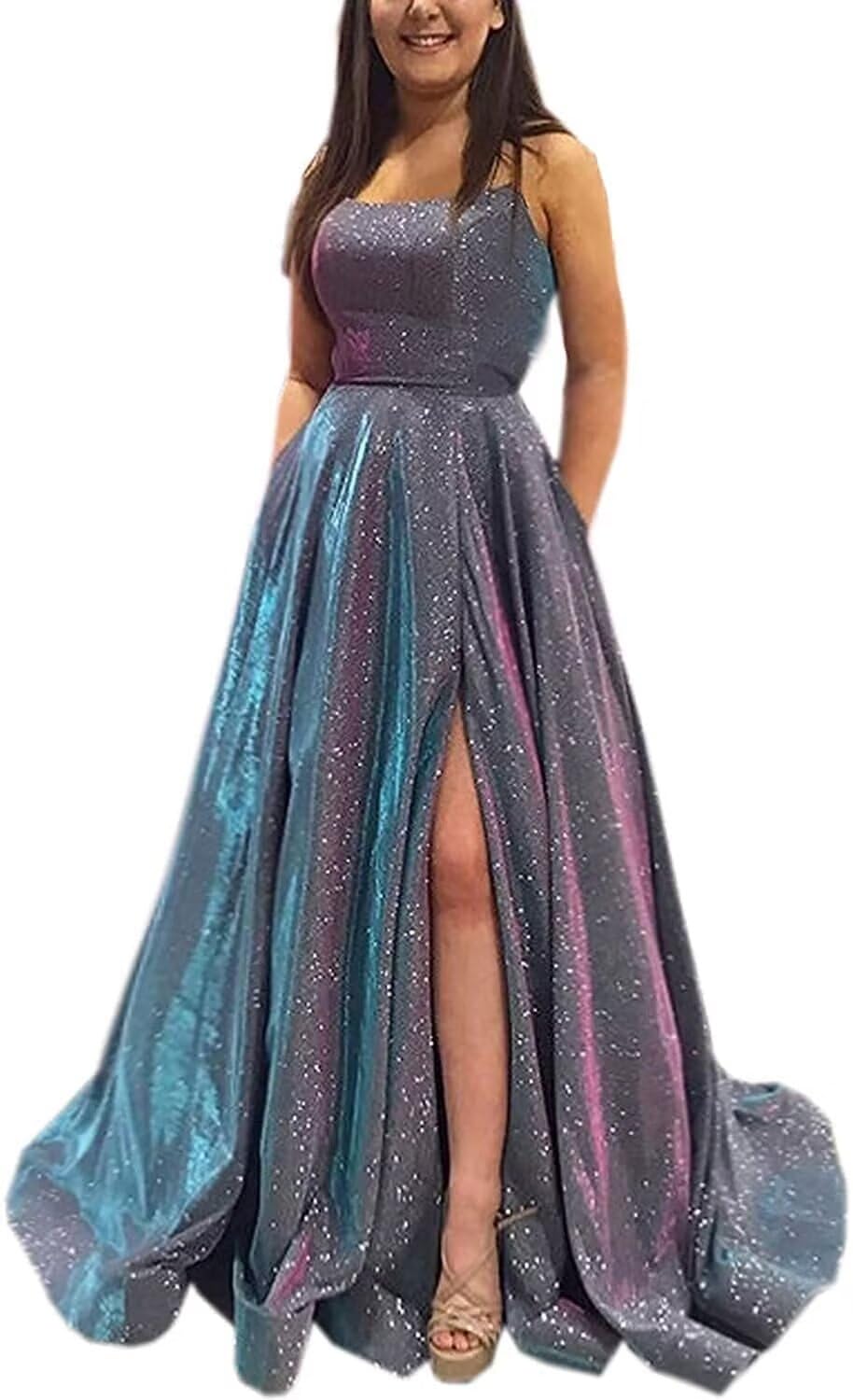 Kingbridal Gowns Spaghetti Straps Prom Dresses Long for Women 2026 A Line Sequin Satin Formal Evening Party Ball Gowns with Slit