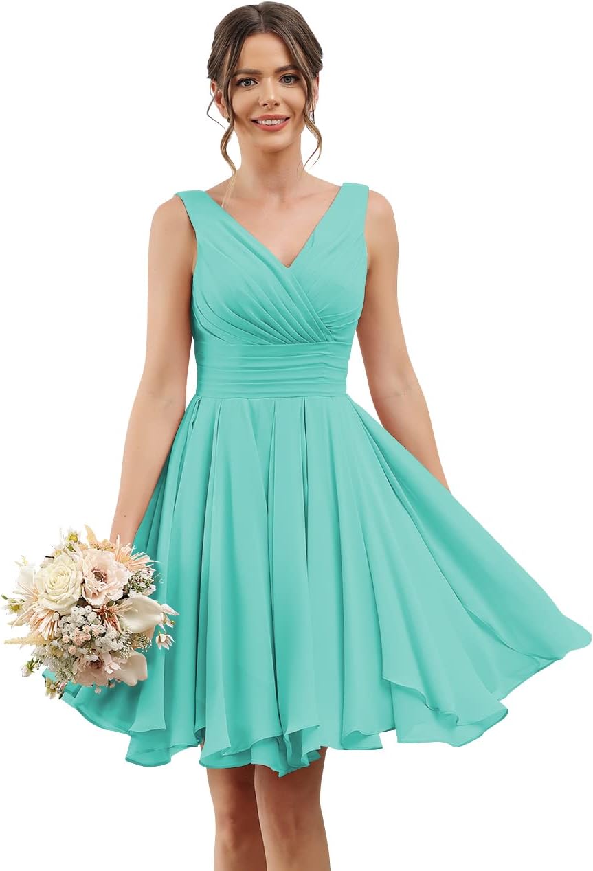 Double V Neck Short Bridesmaid Dresses for Women 2025 Chiffon A Line Formal Evening Gowns with Pockets