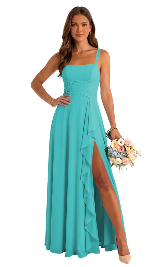 Sleeveless Chiffon Bridesmaid Dress for Women Square Neck Pleats Formal Wedding Guest Dress with Ruffle