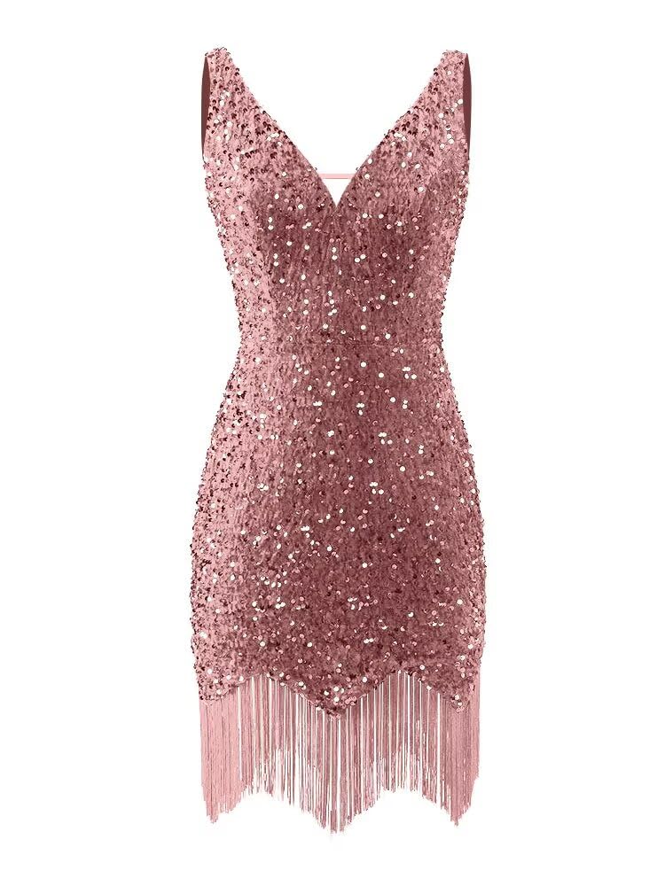 Kingbridal Gowns V Neck Sequin Homecoming Dresses for Teens 2027 Sparkly Tight Short Prom Cocktail Party Gowns with Tassels