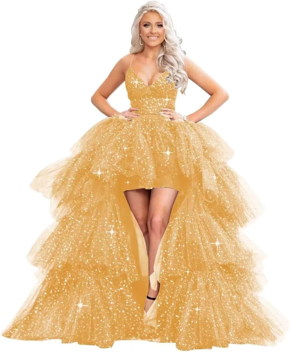 Puffy Sequins Tulle High-Low Prom Dresses for Women 2027, Glitter V Neck Formal Ball Gown Wedding Party Dress