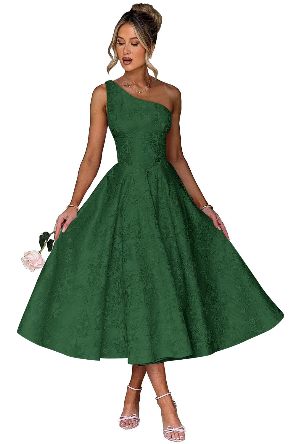 Jacquard Floral Satin Prom Dresses 2026 One Shoulder A-Line Midi Formal Evening Party Gown with Pockets for Women