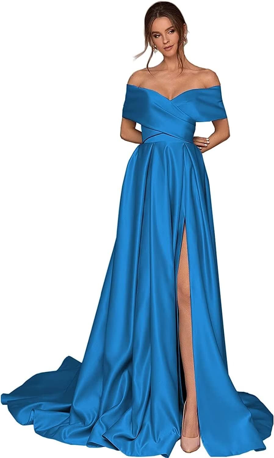Women's Off Shoulder Long Prom Dresses with Slit 2025 Satin A-Line Sweetheart Corset Formal Evening Dresses with Pockets