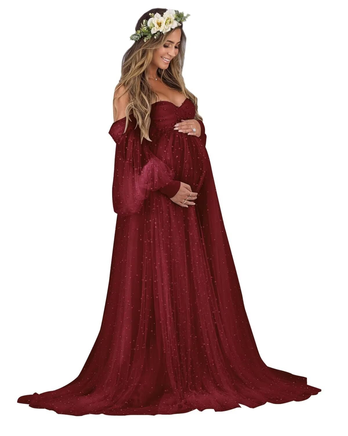 Kingbridal Pearl Tulle Maternity Dress for Photoshoot Long Puffy Sleeve Pregnancy Gown