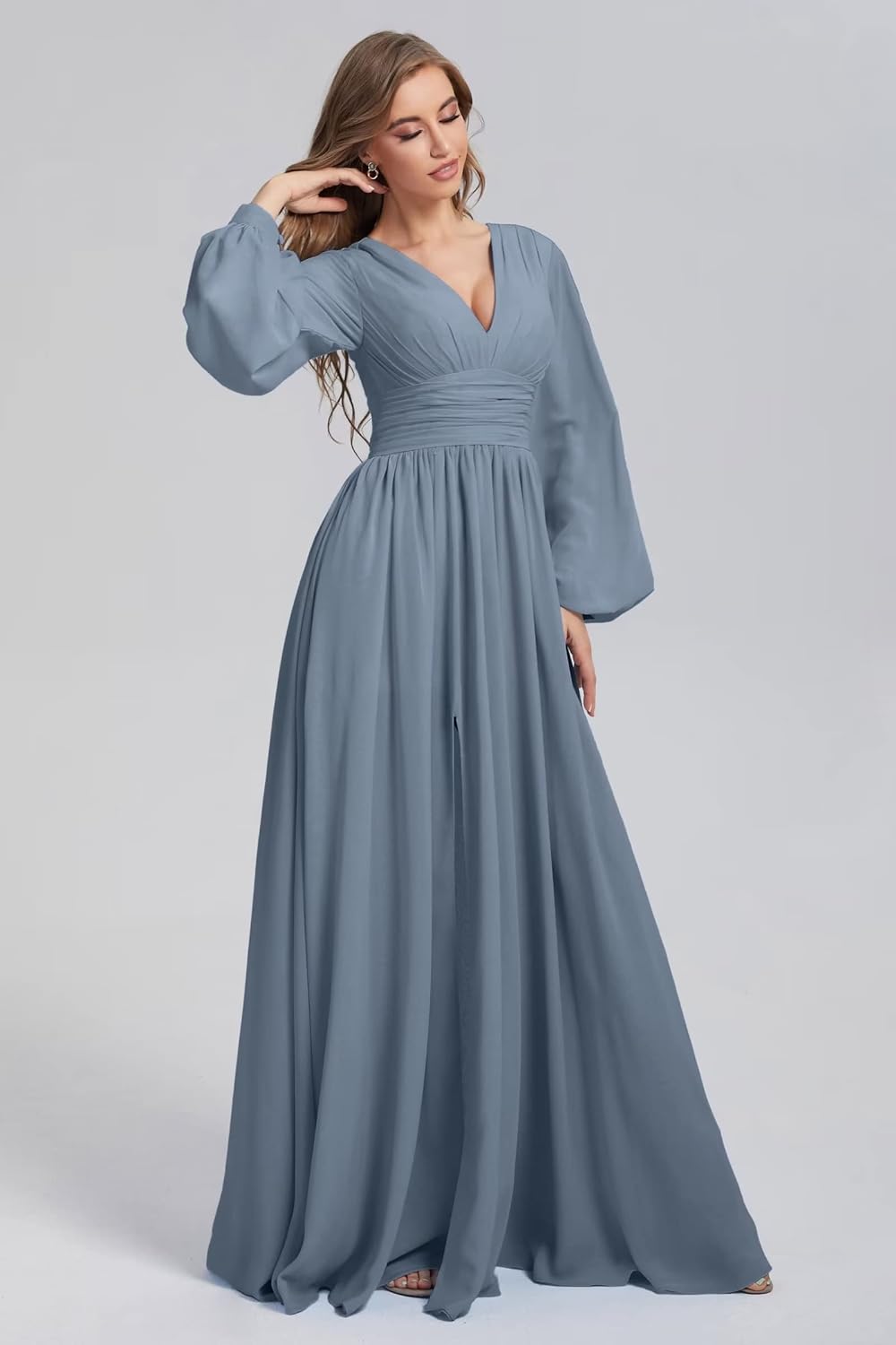 Womens V-Neck Long Sleeve Bridesmaid Dresses with Slit 2024 Ruched A-line Chiffon Prom Formal Dresses