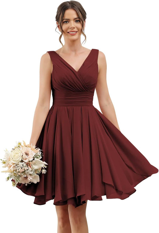 Double V Neck Short Bridesmaid Dresses for Women 2025 Chiffon A Line Formal Evening Gowns with Pockets