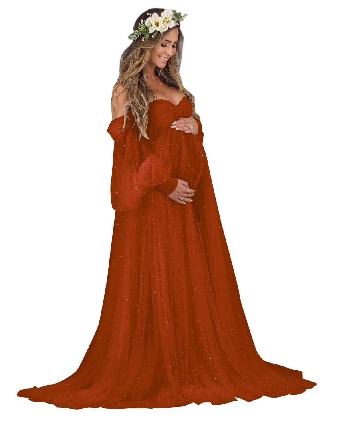 Kingbridal Pearl Tulle Maternity Dress for Photoshoot Long Puffy Sleeve Pregnancy Gown