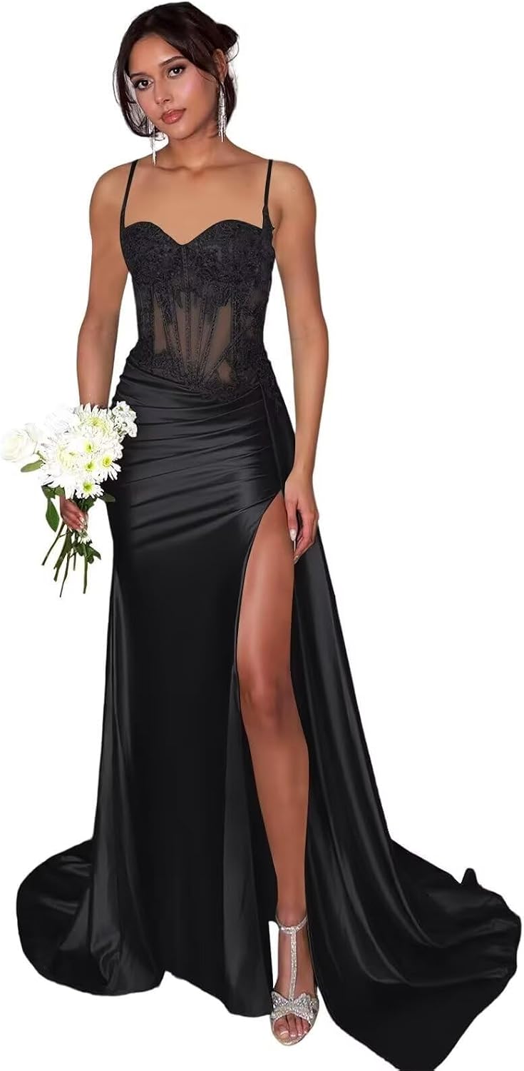 Lace Satin Prom Dresses for Women 2026 Long Mermaid Spaghetti Straps Corset Formal Evening Party Dress with Slit