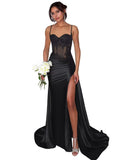 Lace Satin Prom Dresses for Women 2026 Long Mermaid Spaghetti Straps Corset Formal Evening Party Dress with Slit