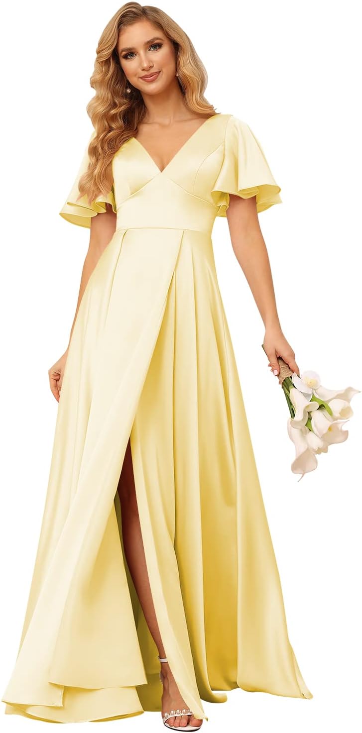 Women's V Neck Ruffle Sleeves Bridesmaid Dresses with Slit 2025 Satin A-Line Formal Evening Gowns
