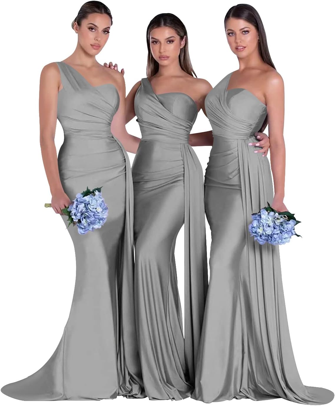 Women's One Shoulder Mermaid Bridesmaid Dresses Long Ruched Bodycon Satin Formal Prom Gowns