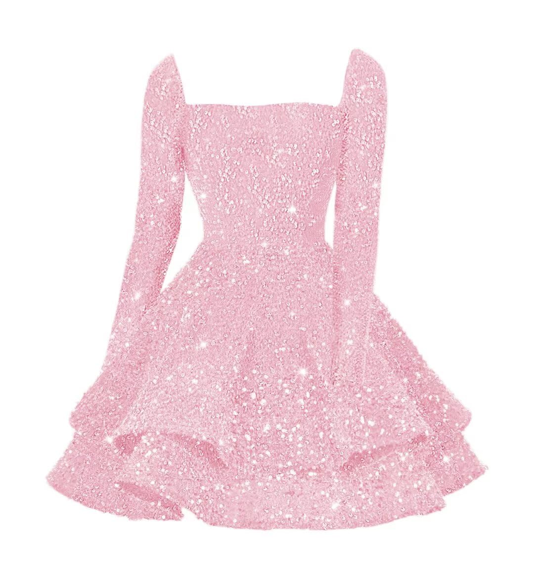 Sequin Short Homecoming Dress for Teen Sparkly Long Sleeve Prom Sweet 16 Dresses Cocktail Gowns