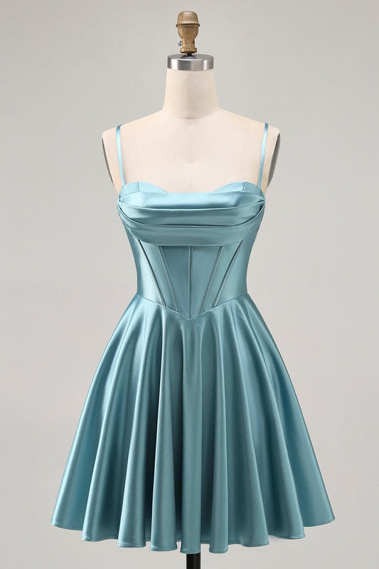 Spaghetti Straps Satin Homecoming Dresses for Teens Ruched Corset Short Prom Dresses 2026