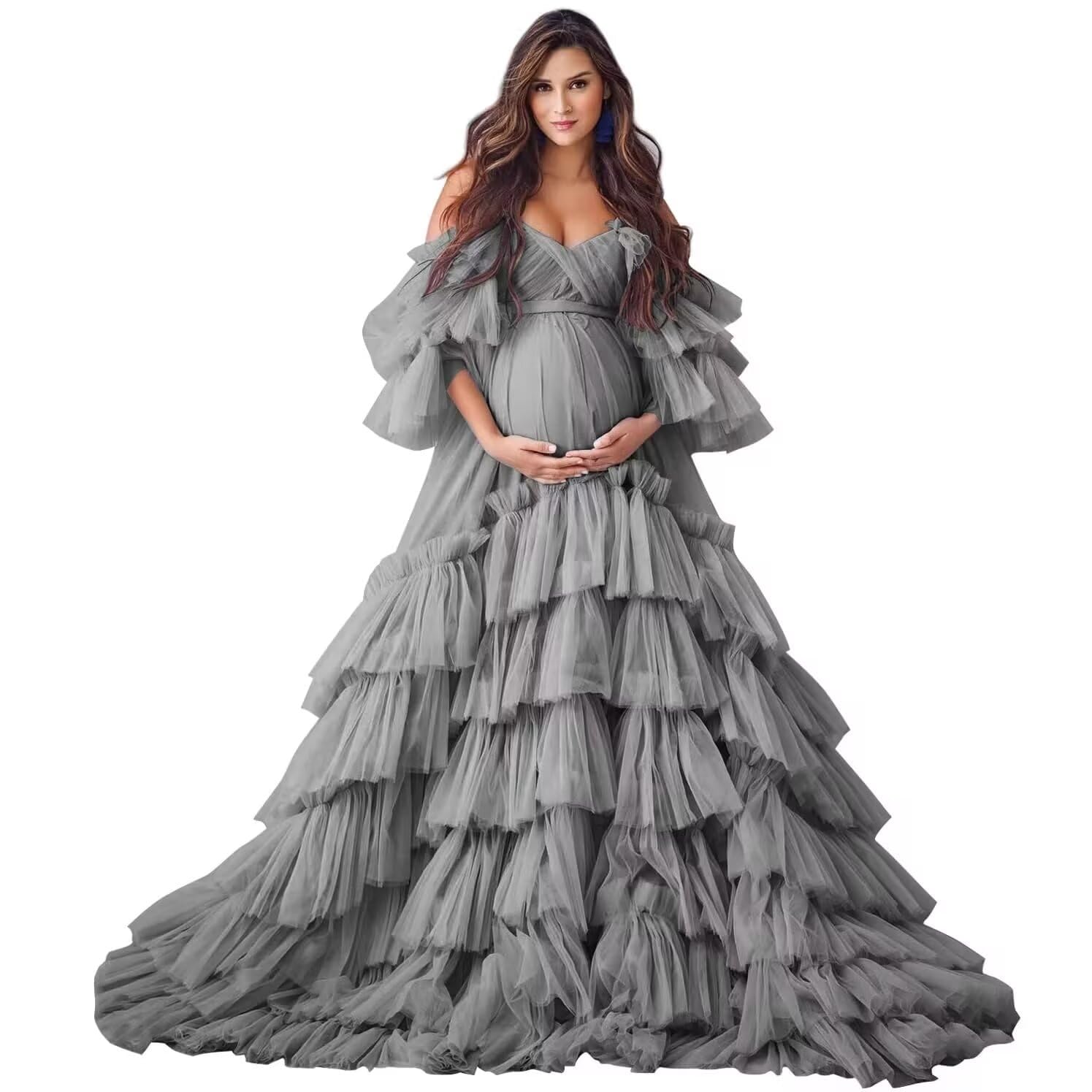 Puffy Tulle Robe Maternity Dress for Photoshoot Off Shoulder Bridal Lingerie Maternity Gowns for BabyShower