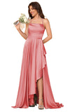 Women's Long Satin Bridesmaid Dresses Spaghetti Strap Halter Formal Evening Gown Ruffle High Low Wedding Guest Dress