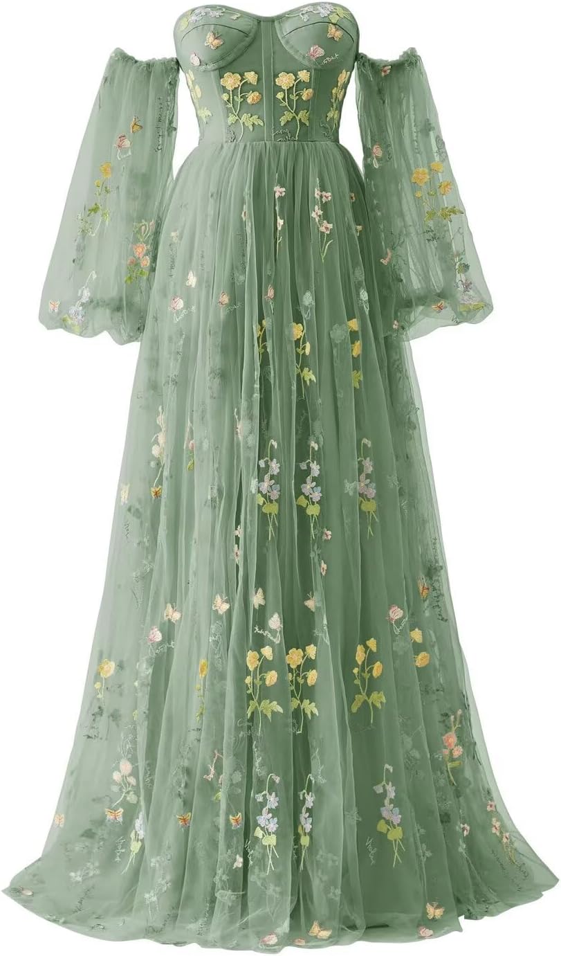 Vestidos de fiesta de tul con bordado de flores para mujer, 2024, largos, con hombros descubiertos, formales, para noche 