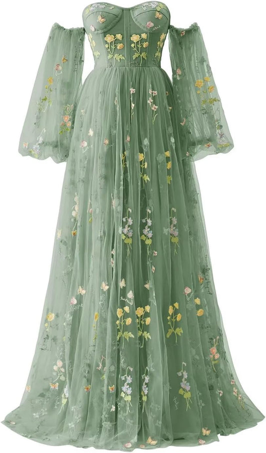 Vestidos de fiesta de tul con bordado de flores para mujer, 2024, largos, con hombros descubiertos, formales, para noche 