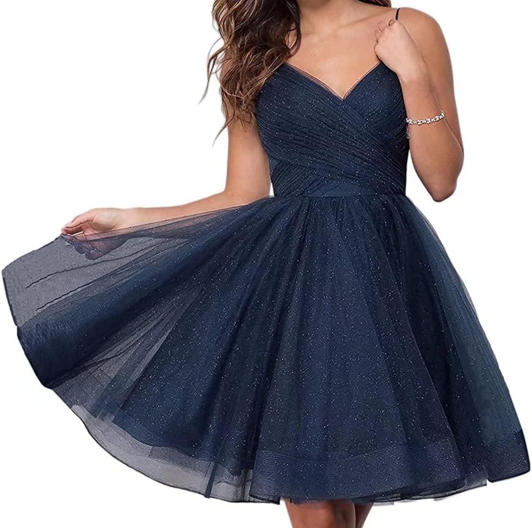 Short Homecoming Dresses Spaghetti Straps V Neck Glitter Tulle Ball Gown Short Prom Graduation Dress for Juniors