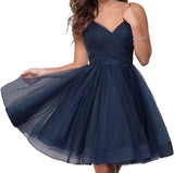 Short Homecoming Dresses Spaghetti Straps V Neck Glitter Tulle Ball Gown Short Prom Graduation Dress for Juniors