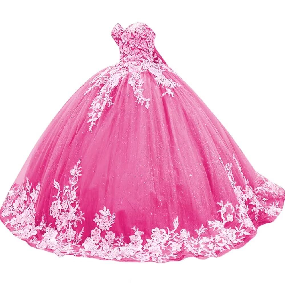 Sparkly Tulle Sweet 15 16 Quinceanera Dress Lace 3D Floral Ball Gown Strapless Puffy Prom Formal Gown