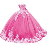 Sparkly Tulle Sweet 15 16 Quinceanera Dress Lace 3D Floral Ball Gown Strapless Puffy Prom Formal Gown