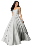 Spaghetti Straps Satin Prom Dresses for Women Long with Pockets Pleated Formal Evening Gowns