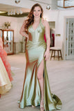 Halter Satin Prom Dresses for Women 2027 Long Mermaid Corset Formal Dress Pleated Evening Party Gowns with Slit
