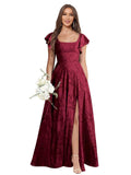 Floral Bridesmaid Dresses for Women Long A-Line Square Neck Lace Formal Evening Gown with Sleeves Slit