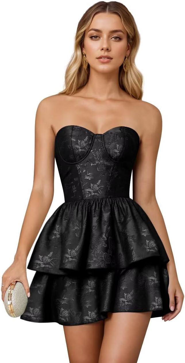 Jacquard Satin Homecoming Dresses 2026 Tiered Layed Aline Strapless Formal Cocktail Party Gown