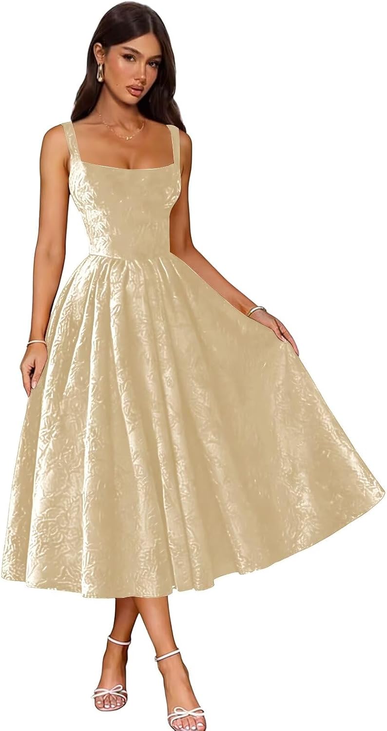 Jacquard Satin Prom Dresses 2026 Floral Square Neck Tea Length Ruched Elegant Formal Ball Gown with Pockets
