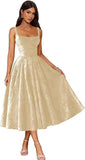 Jacquard Satin Prom Dresses 2026 Floral Square Neck Tea Length Ruched Elegant Formal Ball Gown with Pockets