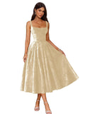Jacquard Satin Prom Dresses 2026 Floral Square Neck Tea Length Ruched Elegant Formal Ball Gown with Pockets