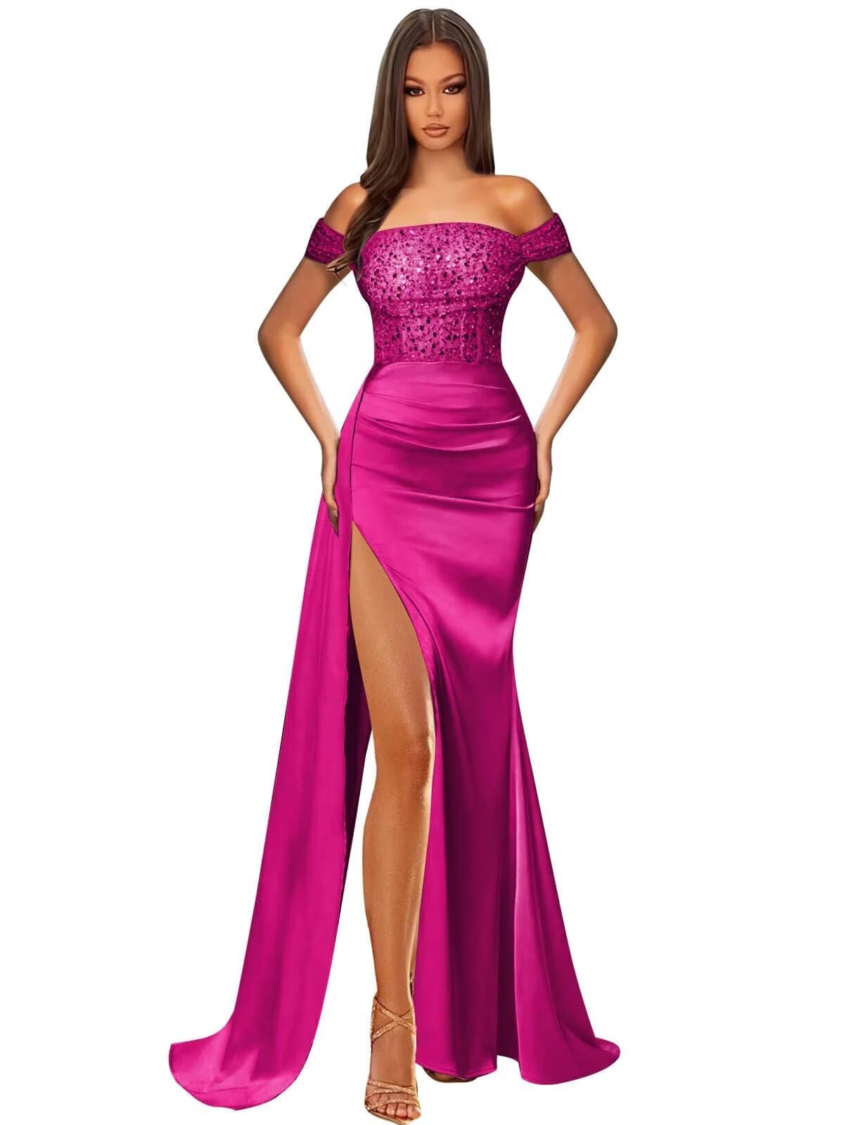 Off Shoulder Sequin Prom Dresses for Women 2027 Long Mermaid Tight Satin Formal Evening Party Dress with Slit