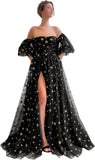 Off Shoulder Sparkly Tulle Long Prom Dress A Line for Women Formal Evening Dresses