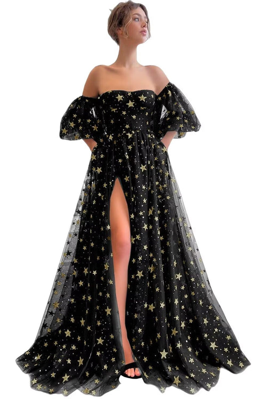 Off Shoulder Sparkly Tulle Long Prom Dress A Line for Women Formal Evening Dresses